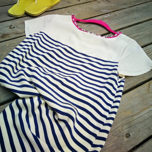Madison Marcus Silk Ivory & Navy Stripe Dress - Picture 2 of 7
